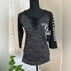 Steelers NFL Woman’s Lace Up Jersey T-Shirt Black Gray Gold Silver Top Size S